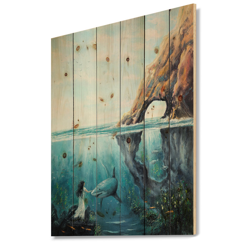 Underwater Fairy And Shark Ocean And Mountain World - Print on Natural Wood, 20" H x 12" W x 1" D