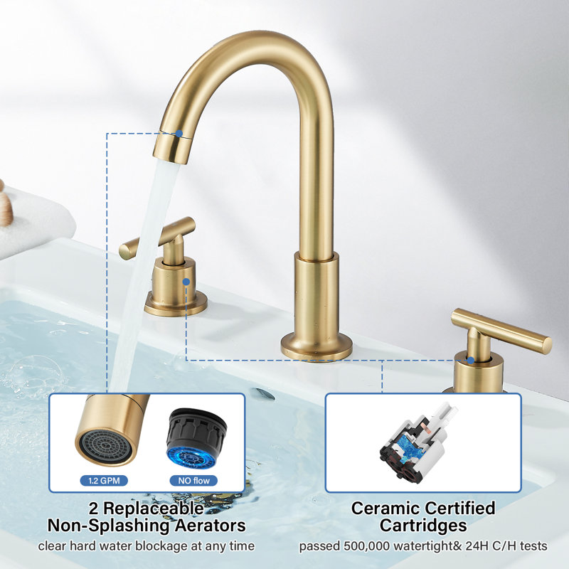 Brushed Gold Two Handle 3-Hole Bathroom Sink Faucet - Gooseneck Spout Lavatory Faucet, Brushed Gold