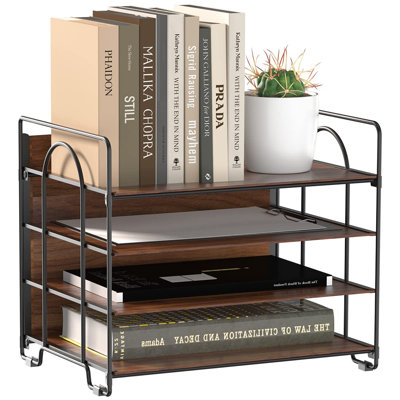 4-Tier Paper Organizer For Desk Wood And Metal Tray File Sorter For Office Home School Letter A4 Size