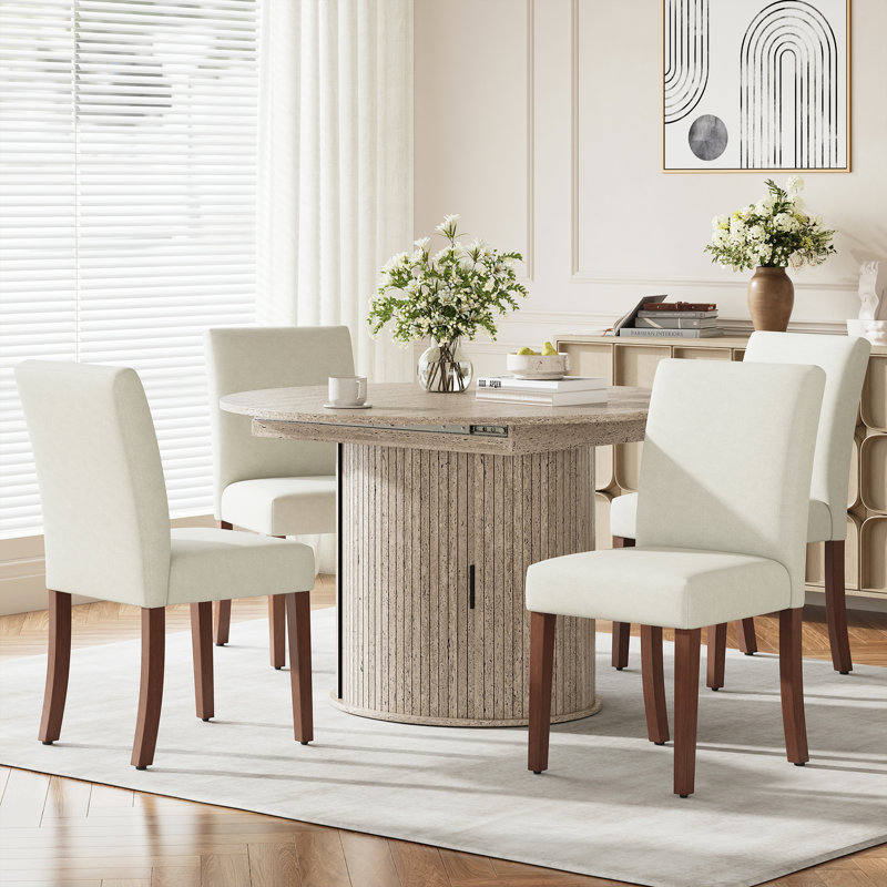 Ensemble de table et de chaises de salle à manger extensibles modernes pour 4 à 8 personnes avec rangement dissimulé, table convertible ronde en ovale et chaises de salle à manger en tissu rembourrées.