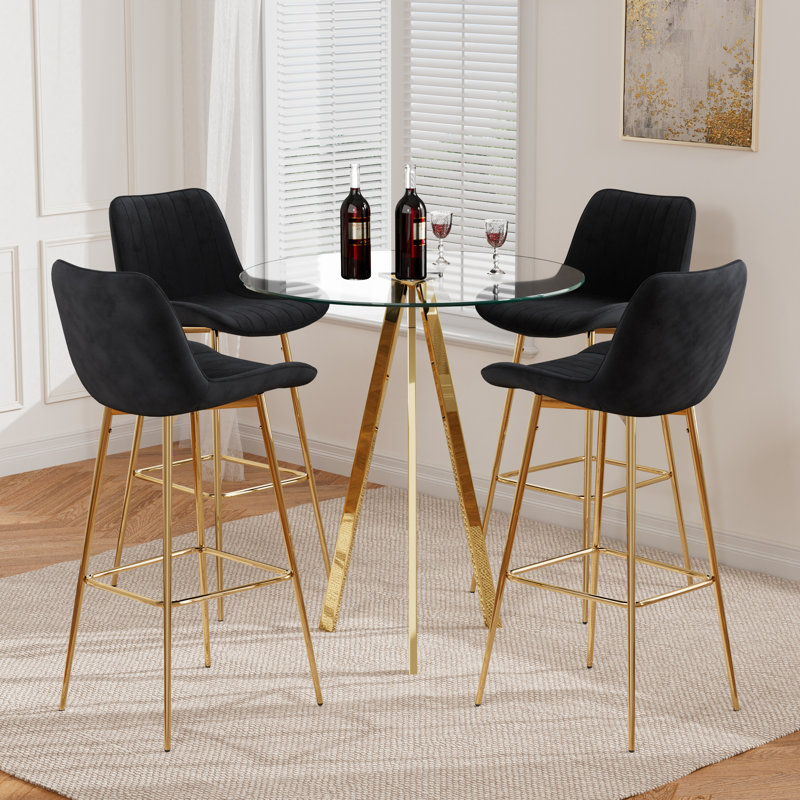 3 Piece Pub Table and Velvet Fabric Pedestal Bar Stool Dining Set (Set of 3), Cream, 5 Pieces: Table, 4 Chairs