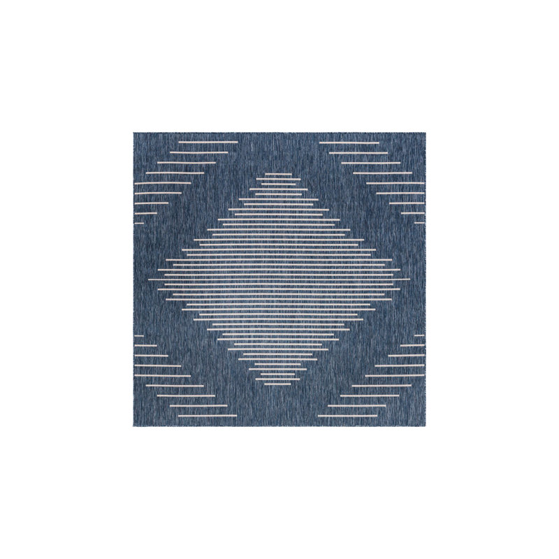 Tapis intérieur / extérieur en polypropylène géométrique tissé à la machine en gris / bleu, Carré 7 pi