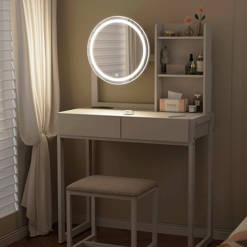 Small Vanity Desk With Mirror And Lights, Makeup Vanity Table With Led Mirror, 3 Lighting Modes, Power Outlet, Drawer, Open Shelves And Cushioned Stool For Bedroom (White)