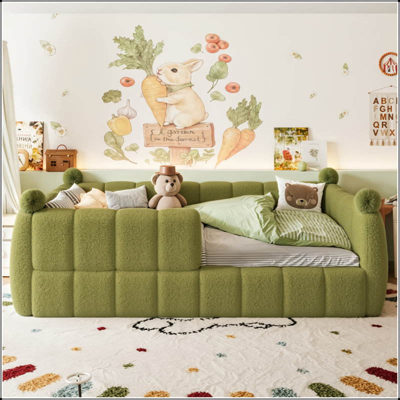 Lit double tapissier sur pied avec traverses doubles, Double, Vert