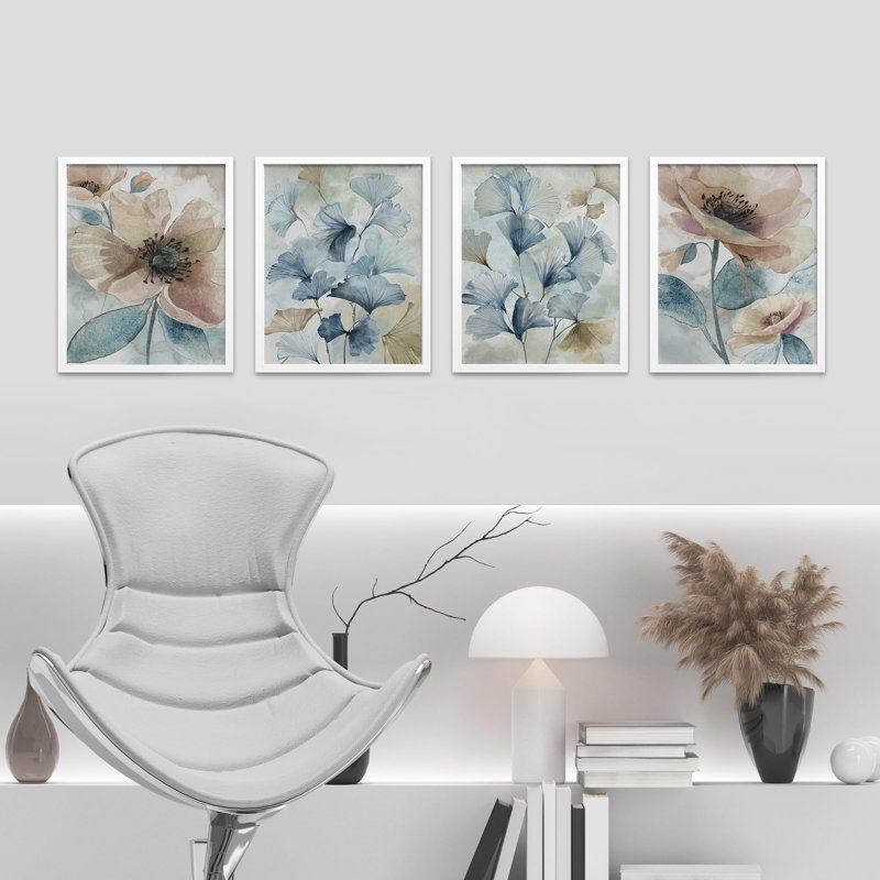 " Blue Gingko Leaves Flowers Botanical Floral " 4 - Pieces, White, 16" H x 12" W