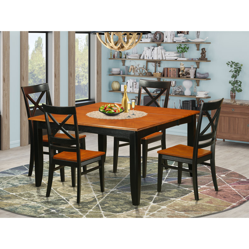 Ensemble de table à manger 5 pièces pour 4 personnes comprenant une table de salle à manger carrée avec rallonge papillon et 4 chaises de cuisine, noir et cerise