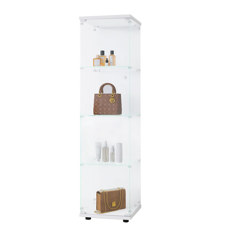 Glass Display Cabinet With Door And Lock, 4-Shelf Curio Cabinet 5Mm Tempered Glass Floor Standing Bookshelf For Living Room, Bedroom, 64.7"*16.7"*14.3" White