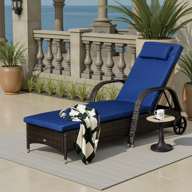 Fauteuil inclinable d'extérieur réglable avec coussin, coussin, chaise longue en osier PE avec roulettes