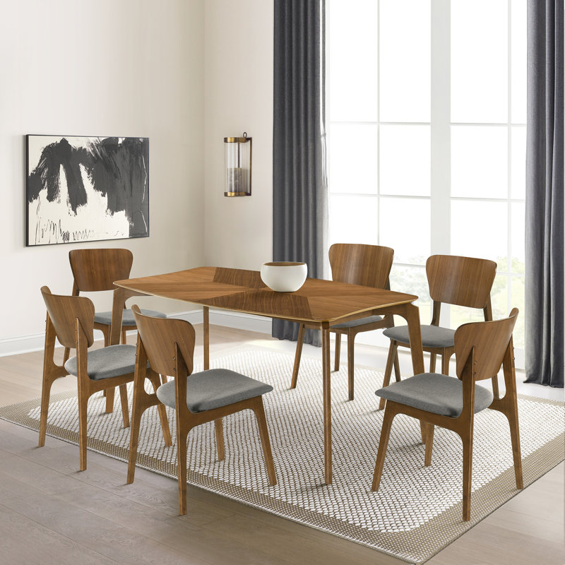 Jennelle 7 Piece Rectangular Dining Table Set in Rubberwood and Fabric, Walnut, Charcoal