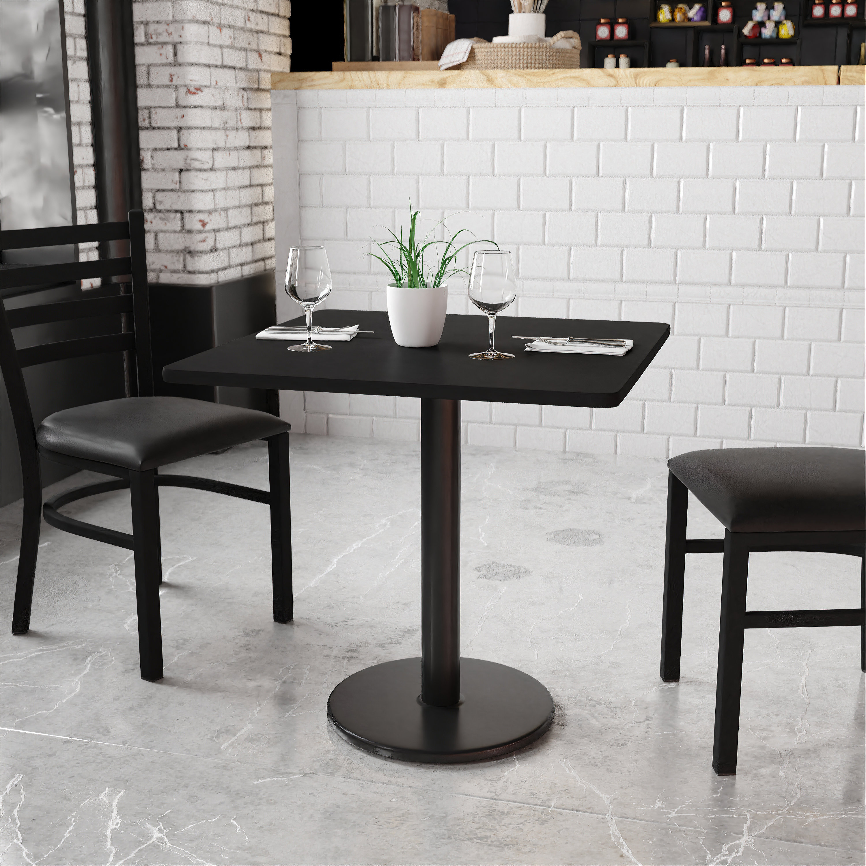 Restaurant Set of 36 Square Black Table On Heavy Duty Black Iron Cast Base  with Four X-Back Commercial-Grade Walnut Restaurant Chair -  ModernLineFurniture®
