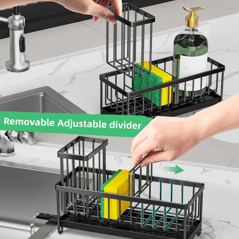 Stainless Steel Kitchen Sink Caddy Organizer With Auto Drain Tray, Detachable Towel Bar And Storage For Sponge, Soap Dispenser, Brushes