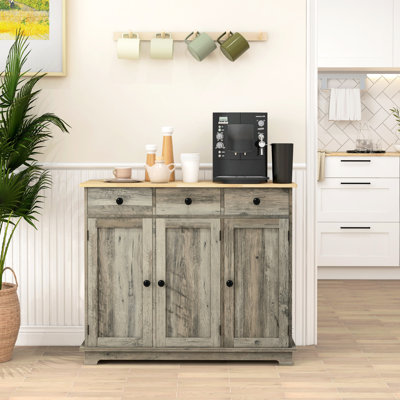 Armoire de rangement de cuisine grise - Buffet avec 3 tiroirs, portes, tablette réglable et comptoir de buffet en bois massif, gris, pour articles
