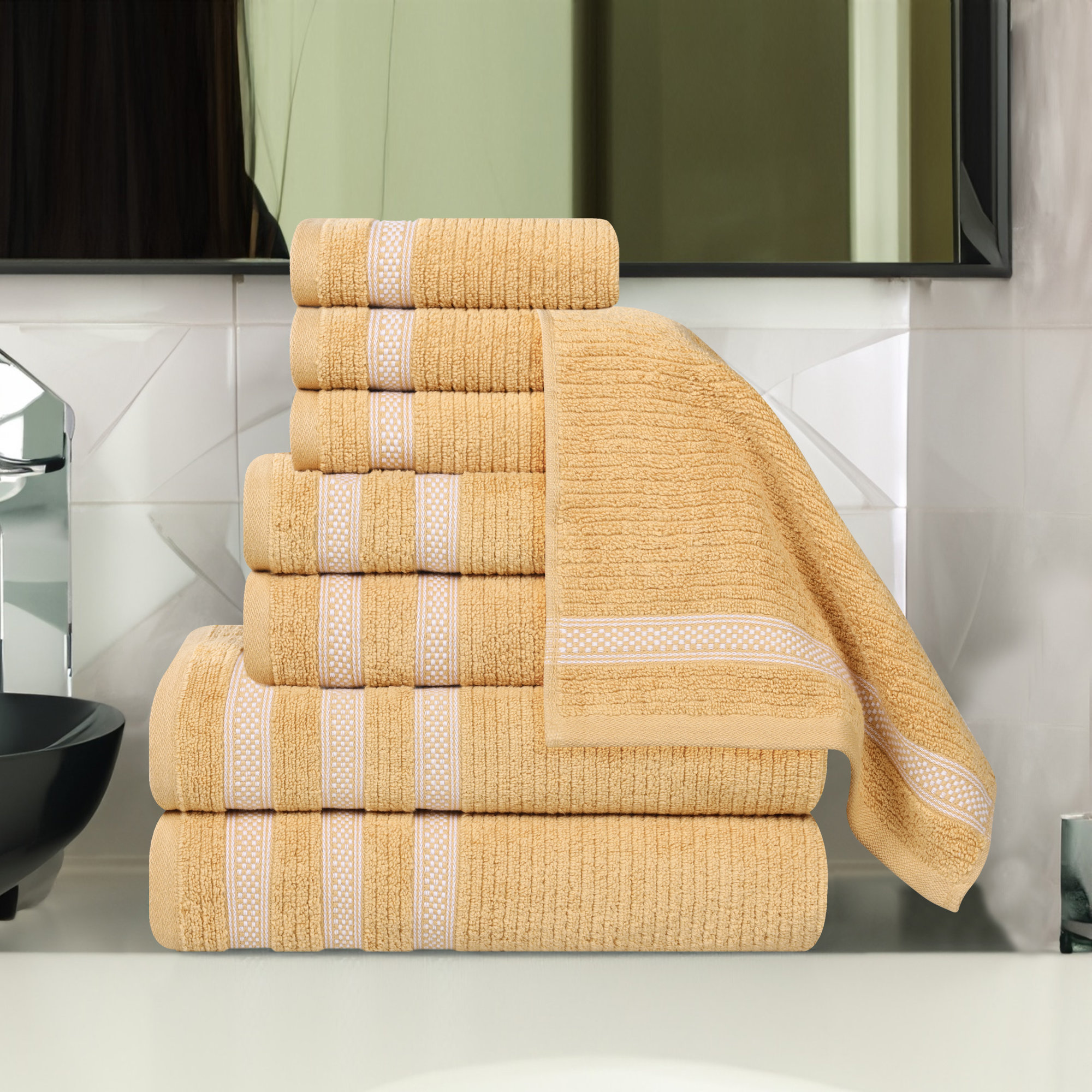 Orley Zero Twist Cotton Ribbed Modern Geometric Border Soft Highly-Absorbent Assorted Bathroom Towel Set, Gold
