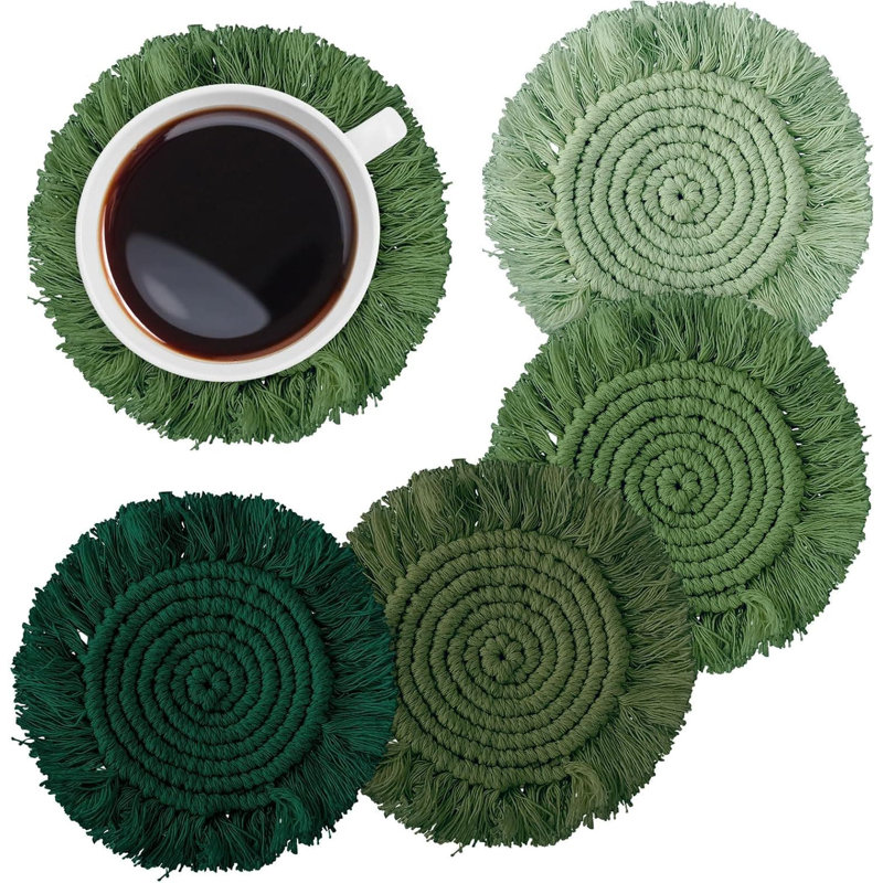 4-Pack Boho Macrame Coasters - Handmade Woven Table Decor, Green