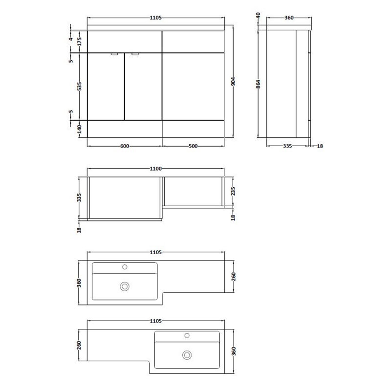 Fusion Bathroom Vanity with Basin, Charcoal Black, Left-Handed