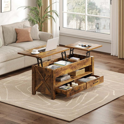 Table basse Seventable, table basse à plateau relevable de 47,2 po avec 2 tiroirs de rangement et compartiment caché, table de centre de ferme avec plateau relevable en bois, pour le salon, brun rustique