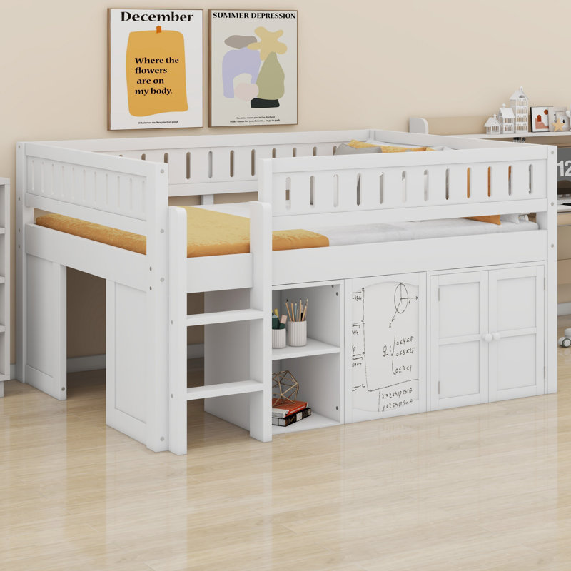 Lit mezzanine avec armoire de rangement et tableau noir, Blanc