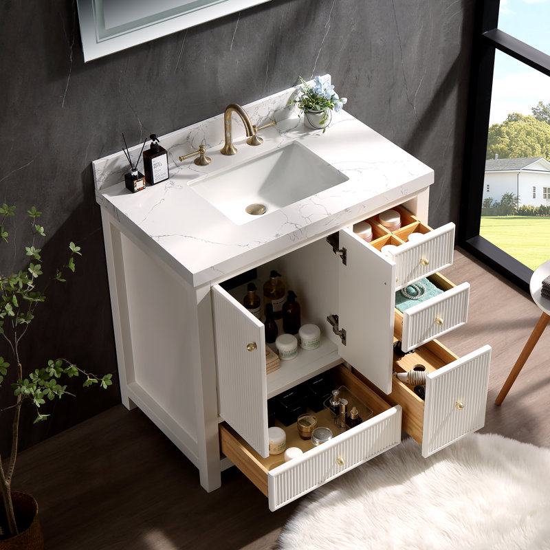Meuble-lavabo de 36 po en chêne massif avec plateau en marbre de culture, 4 tiroirs à fermeture en douceur, lavabo sous comptoir, finition blanche