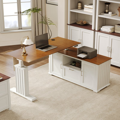 Ashantey 60" L-Shaped Executive Electric Standing Desk with Fluted Roman Legs, Privacy Modesty Panel and Wire
