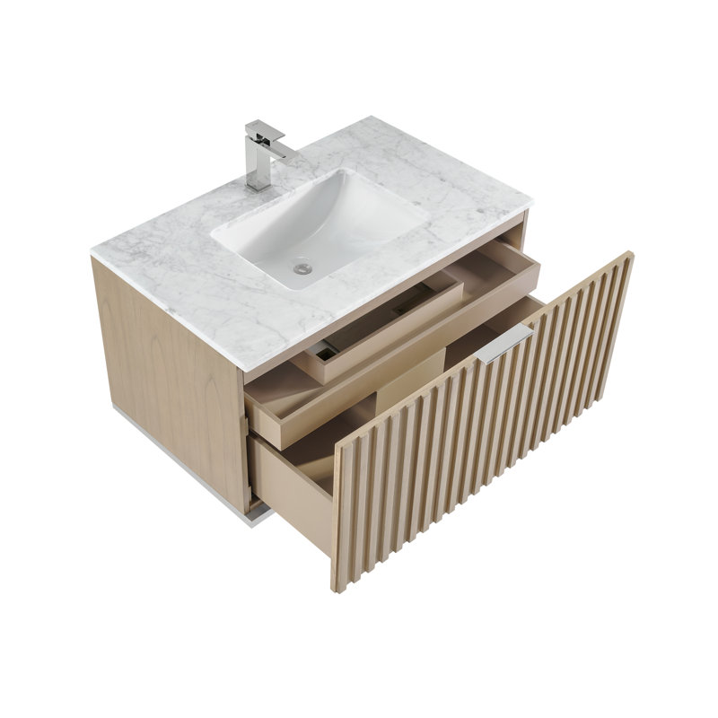 Terra 36'' Single Bathroom Vanity with Top, Carrara Marble/Single Faucet Mount, Cashmere Gray, Brushed Nickel