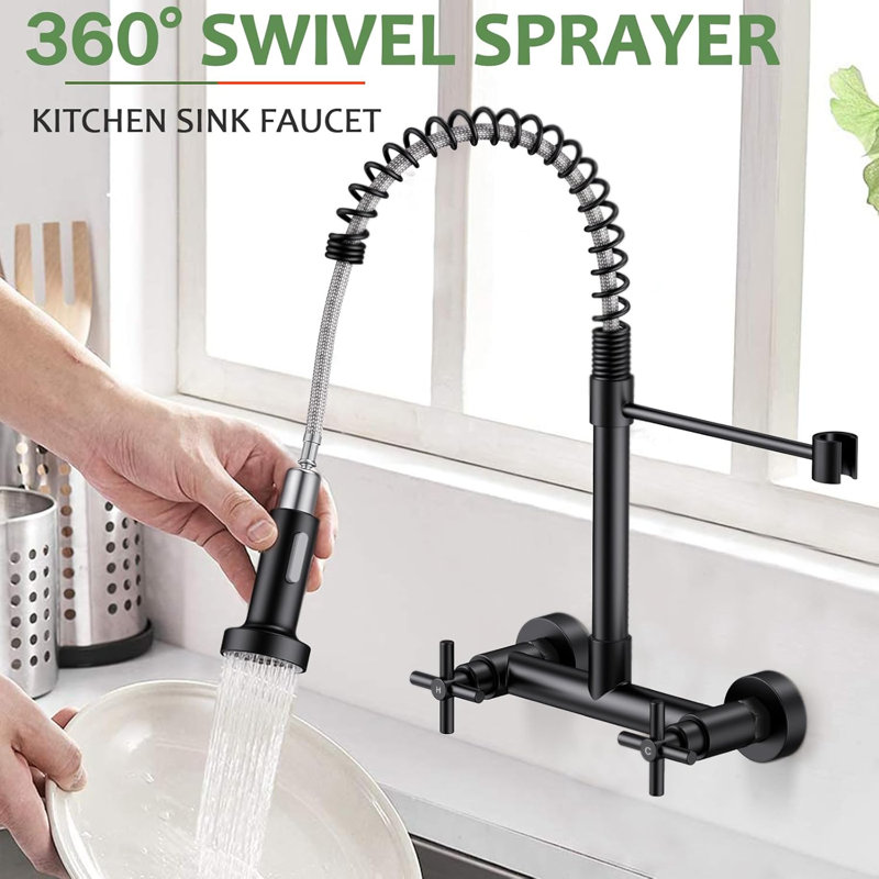 Double-Handle 2-Hole Wall-Mount Pre-Rinse Bridge Kitchen Faucet, Mattle Black