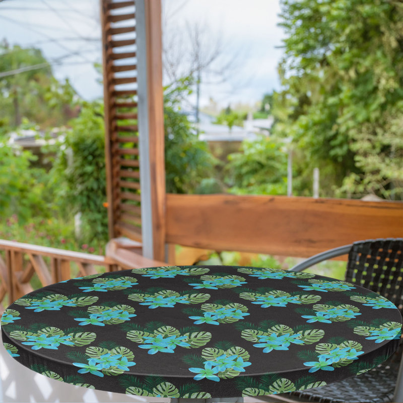 Winston Porter Tropical Fitted Round Tablecloth Diameter Indigo and Multicolor, 67.72" Round, Black/Green
