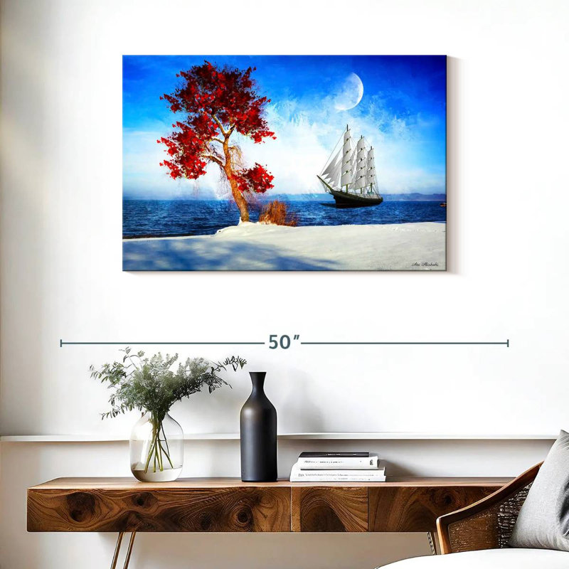 Arbre rouge Mehar et bateau, H 24 po x l 36 po