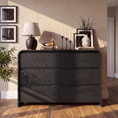 Commode 7 tiroirs de 40 cm de large pour chambre à coucher, en bois, avec 3 petits tiroirs supérieurs et 4 grands tiroirs, meuble de rangement moderne avec large plateau, système anti-basculement et glissières métalliques — Noir
