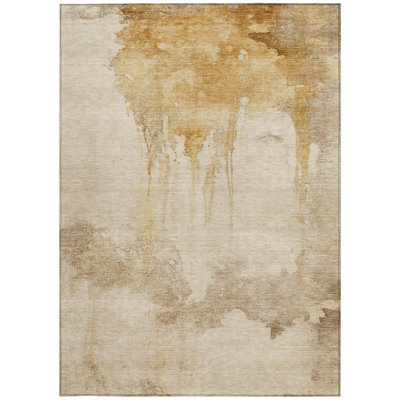 Tapis extérieur lavable abstrait doré et beige 10 pi x 14 pi