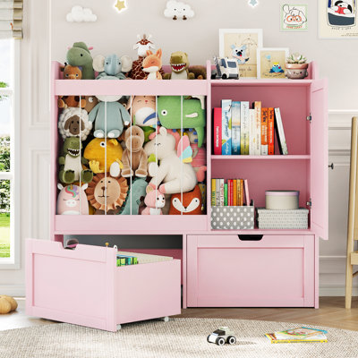 37.4"H Toys Storage Organizer with Stuffed Animal Storage, Magnetic Drawing Board, Cube Storage Cabinet, 2 Movable Drawers, Wooden Kids Bookcases for by Isabelle & Max