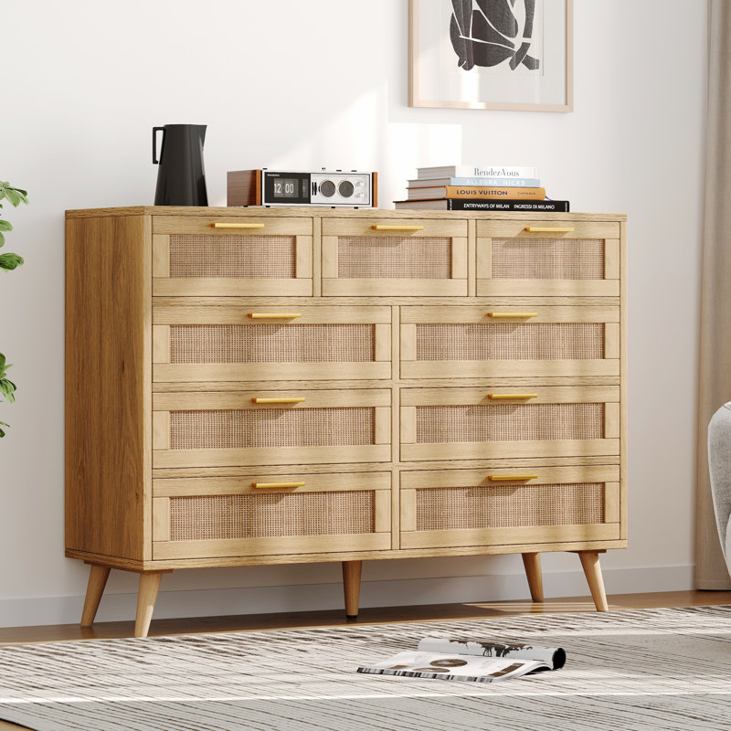 wayfair boho dresser Bayou Breeze Pomodoro 51" W Rattan 6-Drawer Dresser With Golden Handles   Coastal Boho Bedroom Storage Chest & Reviews