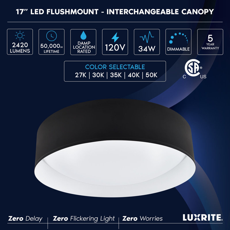 17-Inch LED Flush Mount Ceiling Light, 5CCT, 2420 Lumens, 34W CRI 90 Dimmable Ceiling Light Fixture With Interchangeable Canopy