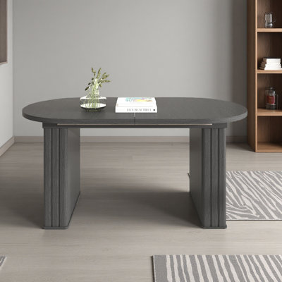 Kitchen Extendable Dining Table For 4-8 People, Oval Kitchen Table With Wooden Strip Base For Family Living Room