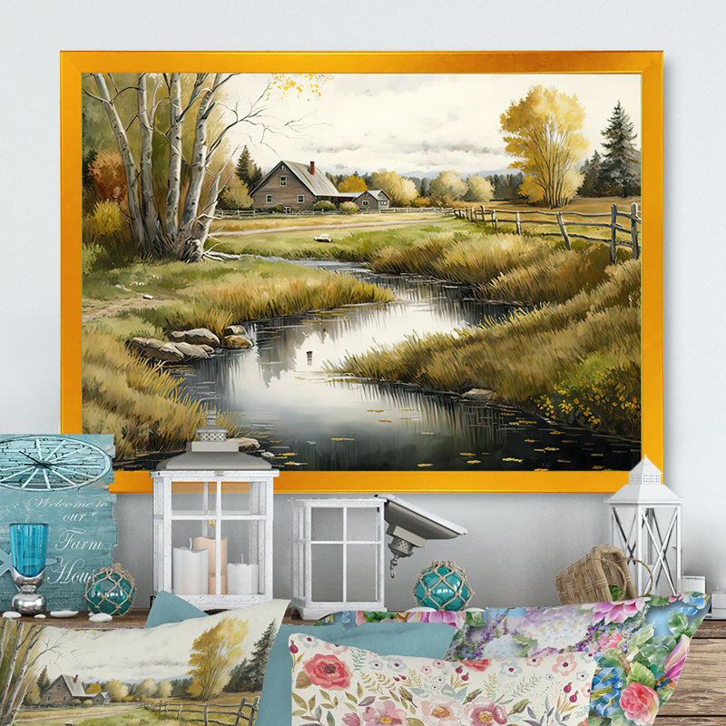 Petite rivière à la grange - art mural toile / campagne, H 24 po x l 32 po x P 1 po, Cadre doré