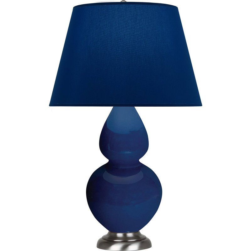 Lampe de table double gourde en céramique, Bleu marine/gris, Cobalt émaillé / argent antique, Argent argent