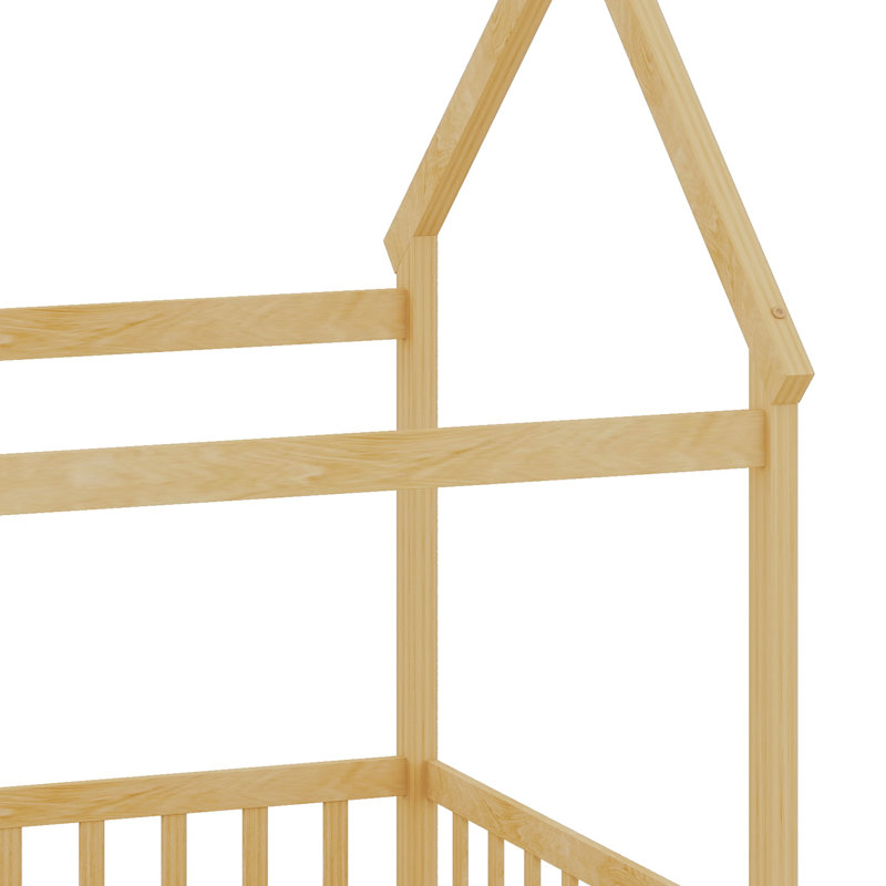 Wooden House Bed Featuring A Roof Frame And Safety Guardrail