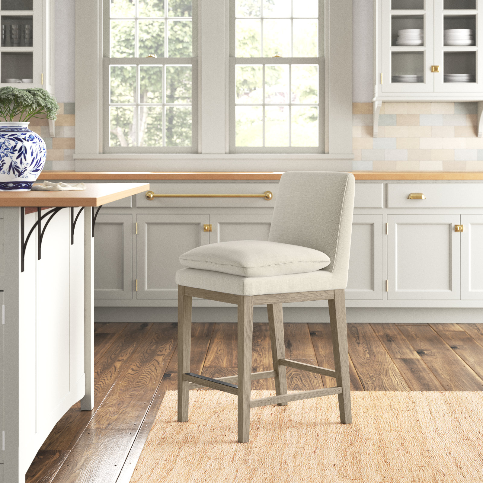 Bethea Upholstered Counter Stool, Linen, Graywash