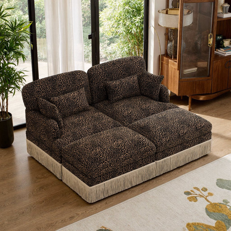 Canapé moderne en chenille à imprimé léopard avec repose-pieds mobile, assise profonde et conception ergonomique, Brun