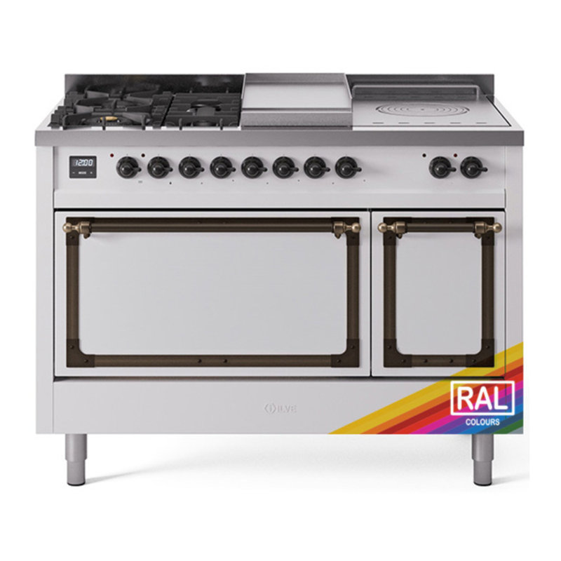 ILVE Nostalgie II Series Noblesse 48 inch Dual Fuel Range with 5 Sealed Burners, Griddle, French Top (Glass Door), Burnished