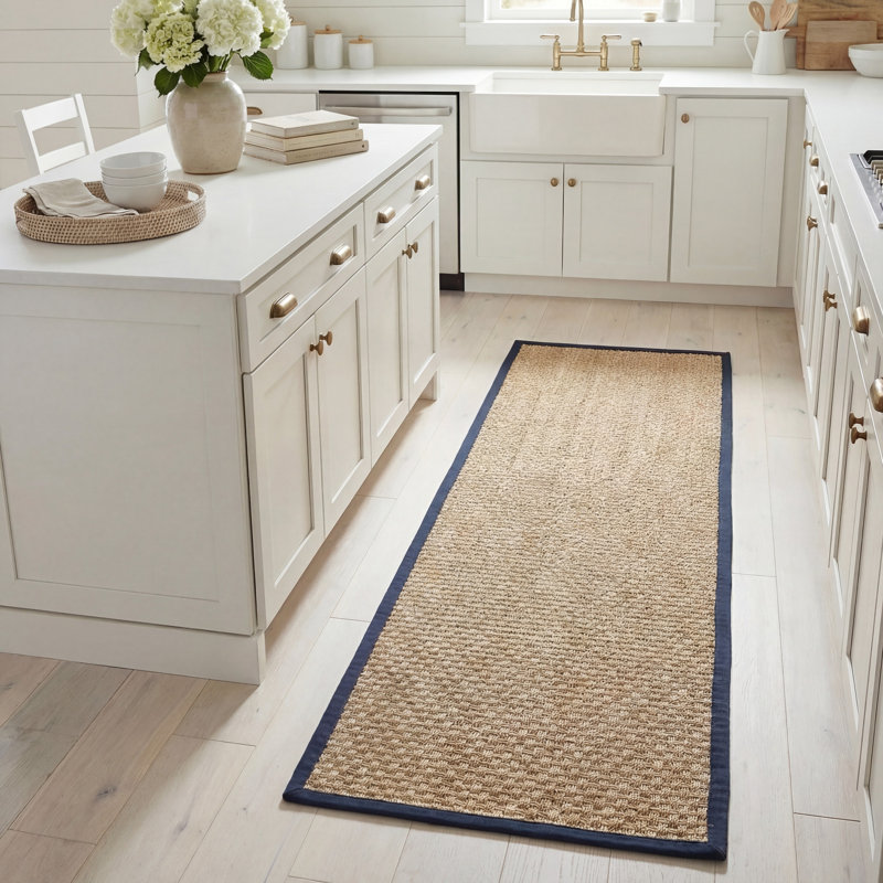 Auckland Bamboo Slat/Seagrass Natural / Blue Area Rug, Runner 2'6" x 8'