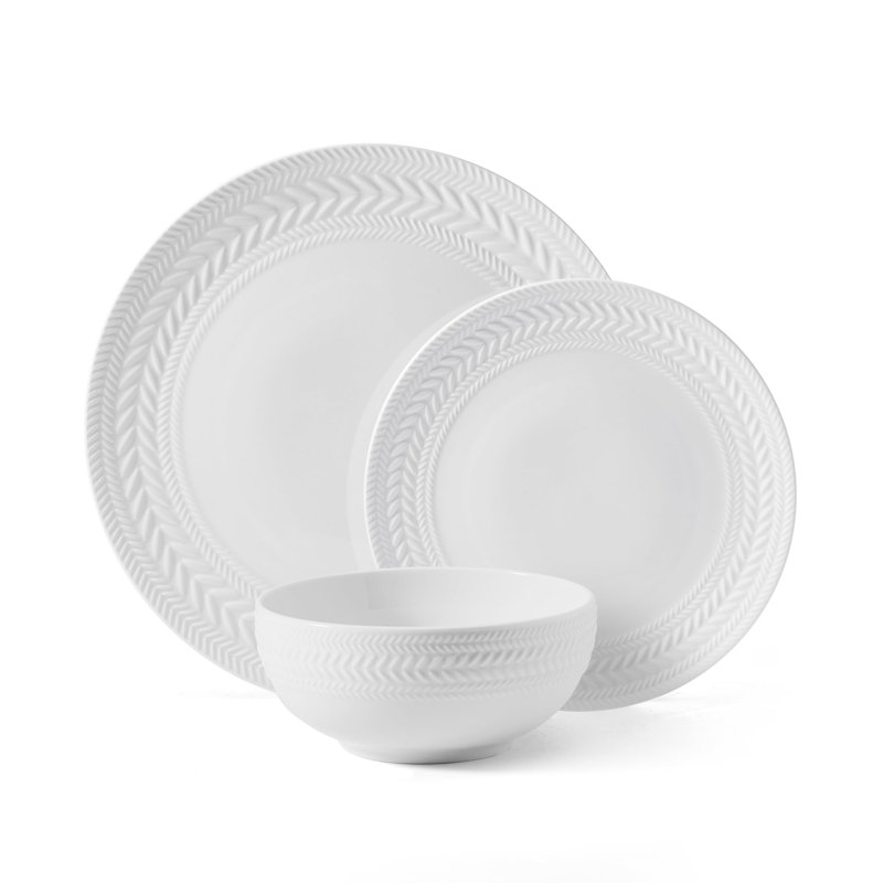 Josephine White Porcelain Embossed 24-Piece Dinnerware Set