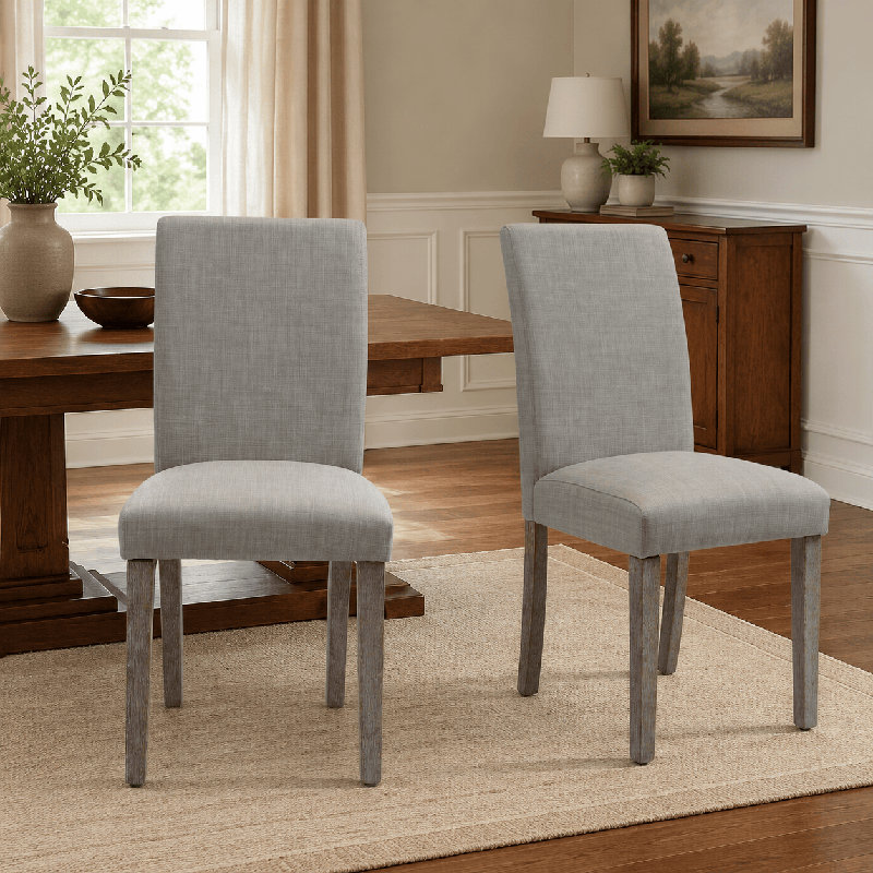 Chaise d'appoint en bois et lin rembourrée en tissu pour salon de cuisine, Gris clair, 2 Pieces