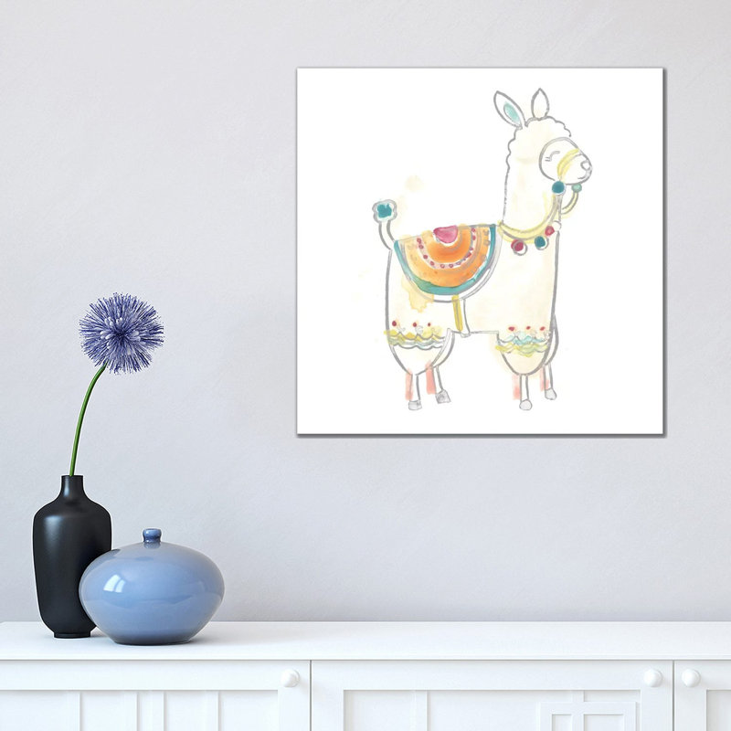 Blockprint Llama I by June Erica Vess - Wrapped Canvas Painting, 45.72 cm H x 45.72 cm W x 1.91 cm D