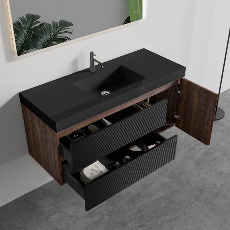 48" Modern Bathroom Vanity With Walnut Color, Matt Black Basin, 1 Door 2 Drawers, E1 Panel, E0 Water - Based Lacquer, High Edge Countertop 4.7 Inch Deep Sink, Easy To Install In And Black, Wall