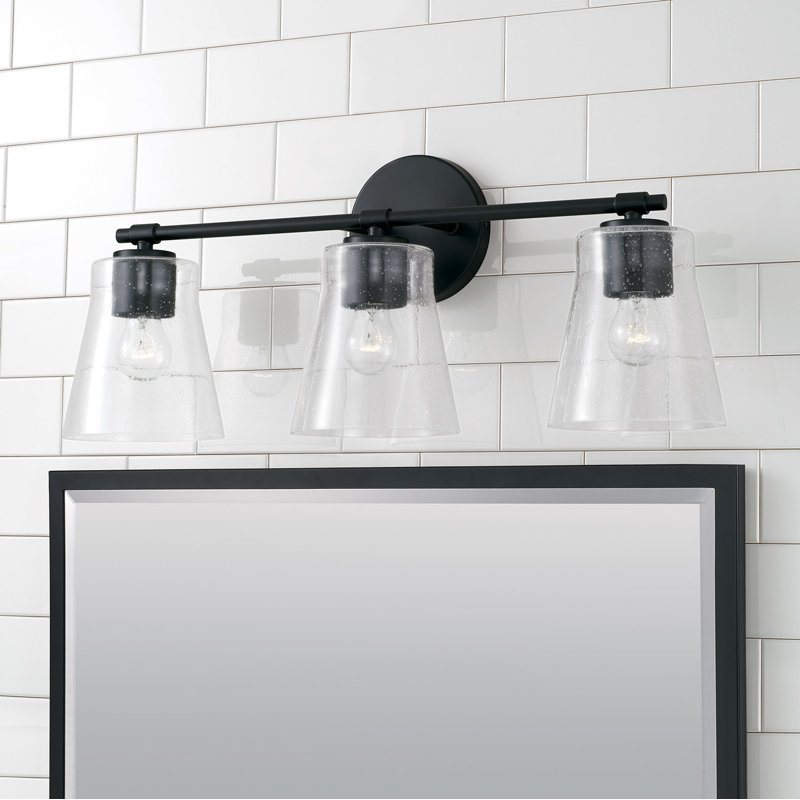 Baker Seeded Glass 3-Light Vanity in Matte Black with Brass Accents