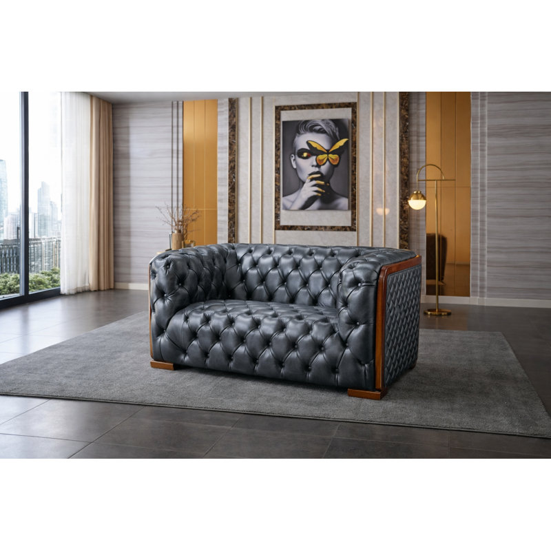Modern Tufted Leather Loveseat  in Dark Gray with Wood Accents