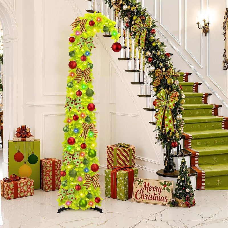 Arbre de Noël pliable et pliable de 1,80 m avec guirlandes lumineuses, pré-décoré avec des ornements suspendus, installation instantanée et rangement à plat pour la maison, le bureau, l'appartement et les fêtes.