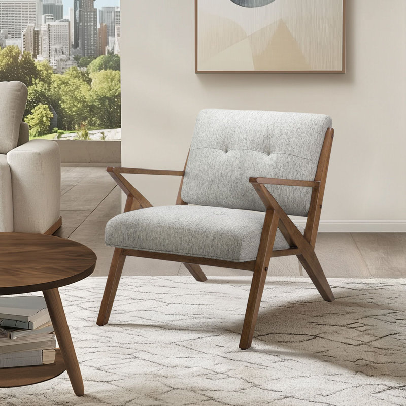 Balom Retro Button Tufted Upholstered Arm Chair with Angled Wood Frame, Light Gray