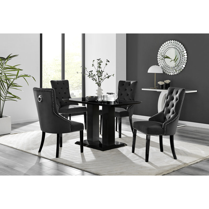 Edzard Modern Double Pedestal High Gloss Dining Table Set with 4 Luxury Velvet Dining Chairs, Black, Black/Black