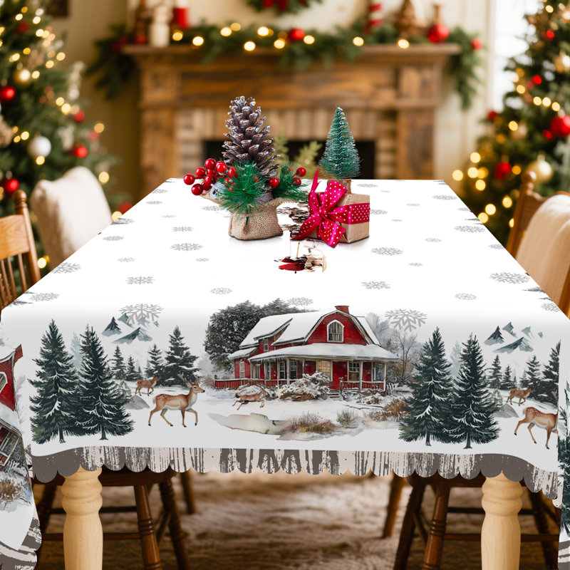 1pc Christmas Themed Print Tablecloth, Round/Rectangular Table Cloth, Mantel Para Mesa De Comedor, Xmas Decor, Holiday Party Indoor Dining Decor, Round Rectangle Christmas Table Cover, Festive Home Kitchen Accessory Gifts, Several Sizes Available